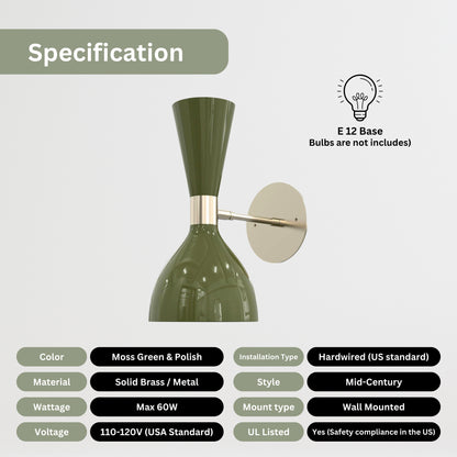 Olive Green Double Cone Vintage Wall Light - Mid-Century Modern Brass Wall Sconce