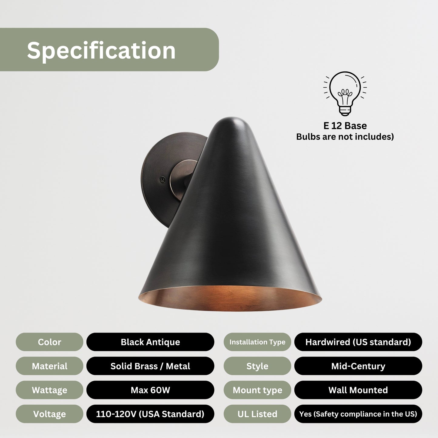 Black Cone Shade Vintage Wall Light - Mid-Century Modern Brass Wall Sconce