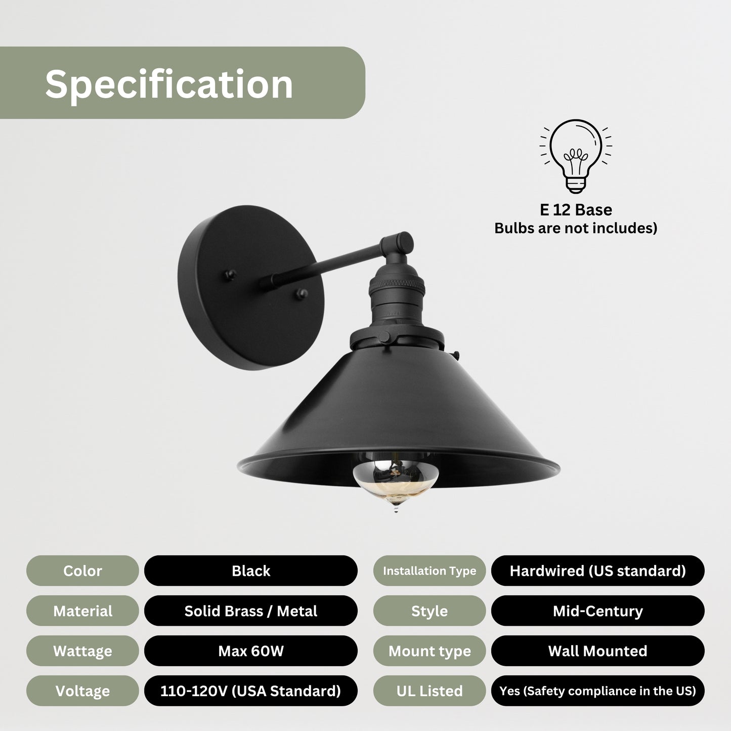 Handmade Brass Wall Sconce – Mid Century Modern Black Cone Light