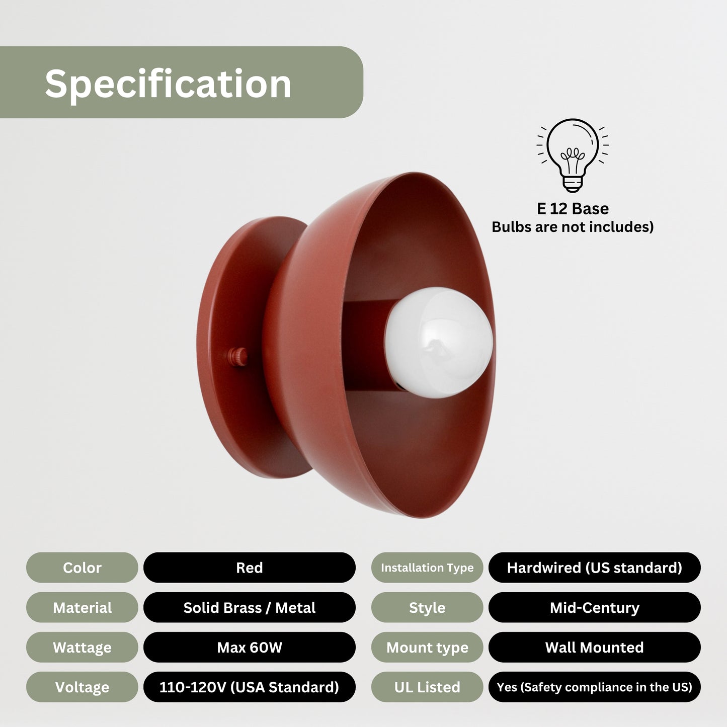 Red Brass Dome Wall Sconce – Modern Mid Century Wall Light Fixture
