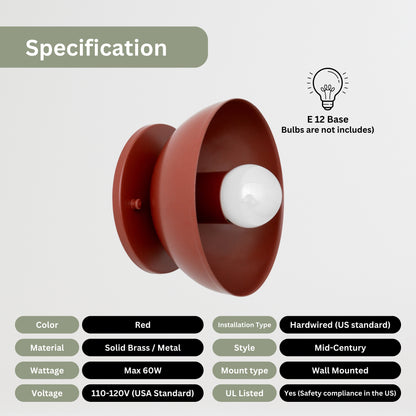 Red Brass Dome Wall Sconce – Modern Mid Century Wall Light Fixture