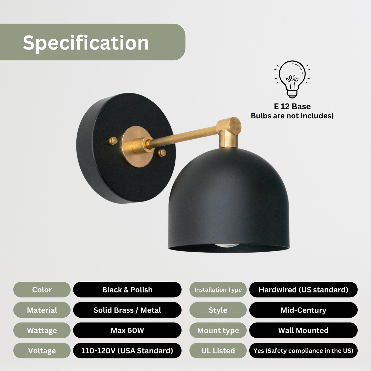 Modern Brass Wall Sconce – Mid Century Wall Light with Black Dome Shade