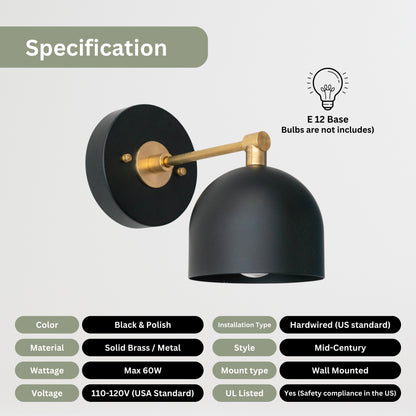 Modern Brass Wall Sconce – Mid Century Wall Light with Black Dome Shade