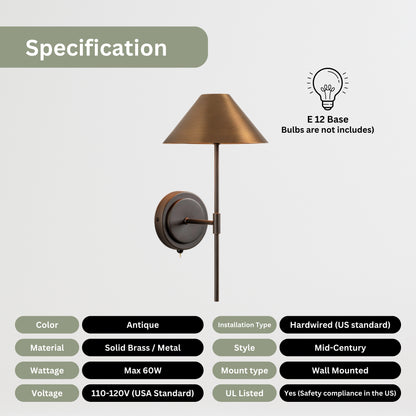 Handmade Brass Wall Sconce – Mid Century Modern Cone Shade Light