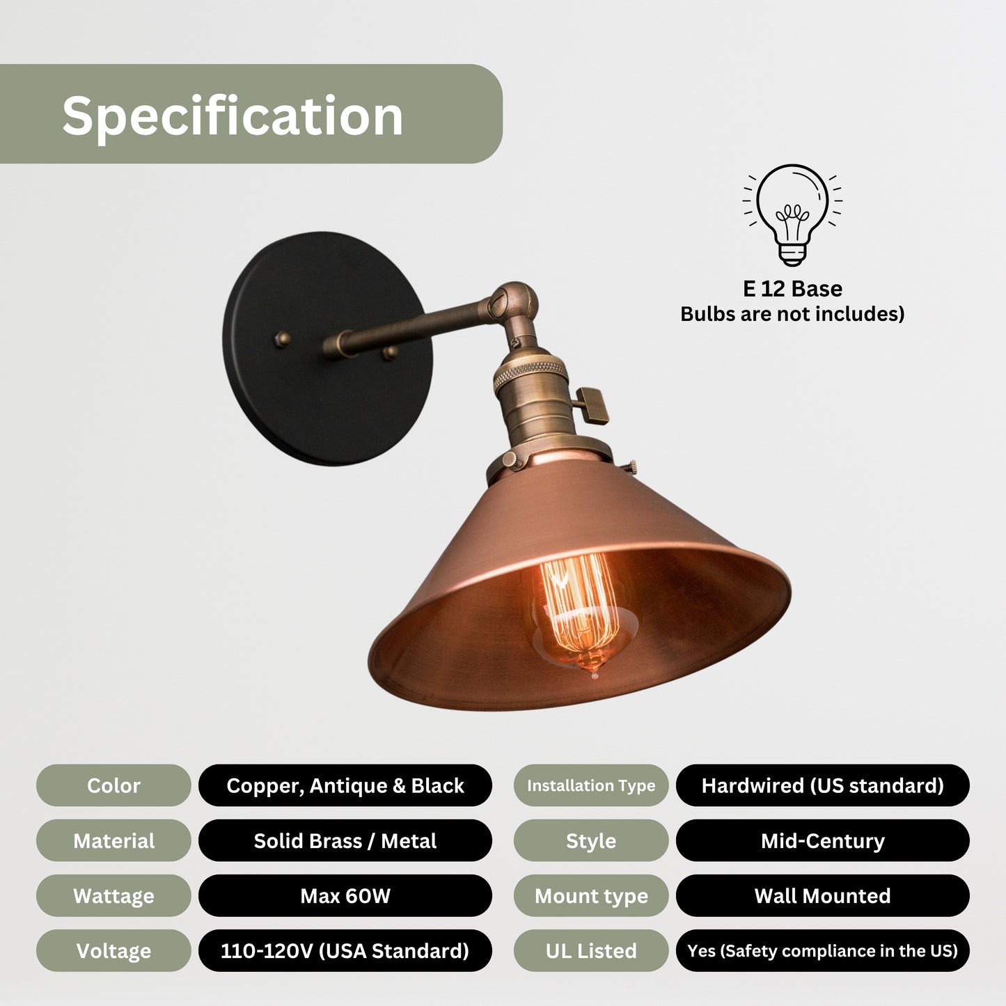 Handmade Brass Wall Sconce with Copper Shade – Adjustable Farmhouse Light Fixture