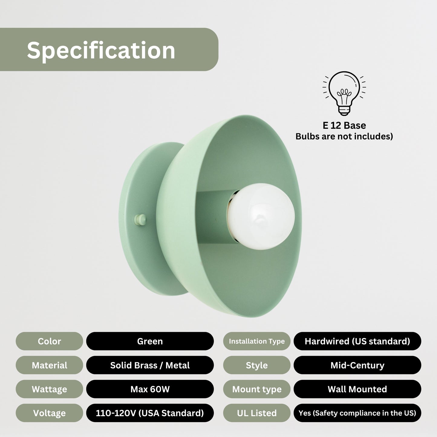 Green Brass Dome Wall Sconce – Modern Mid Century Wall Light Fixture