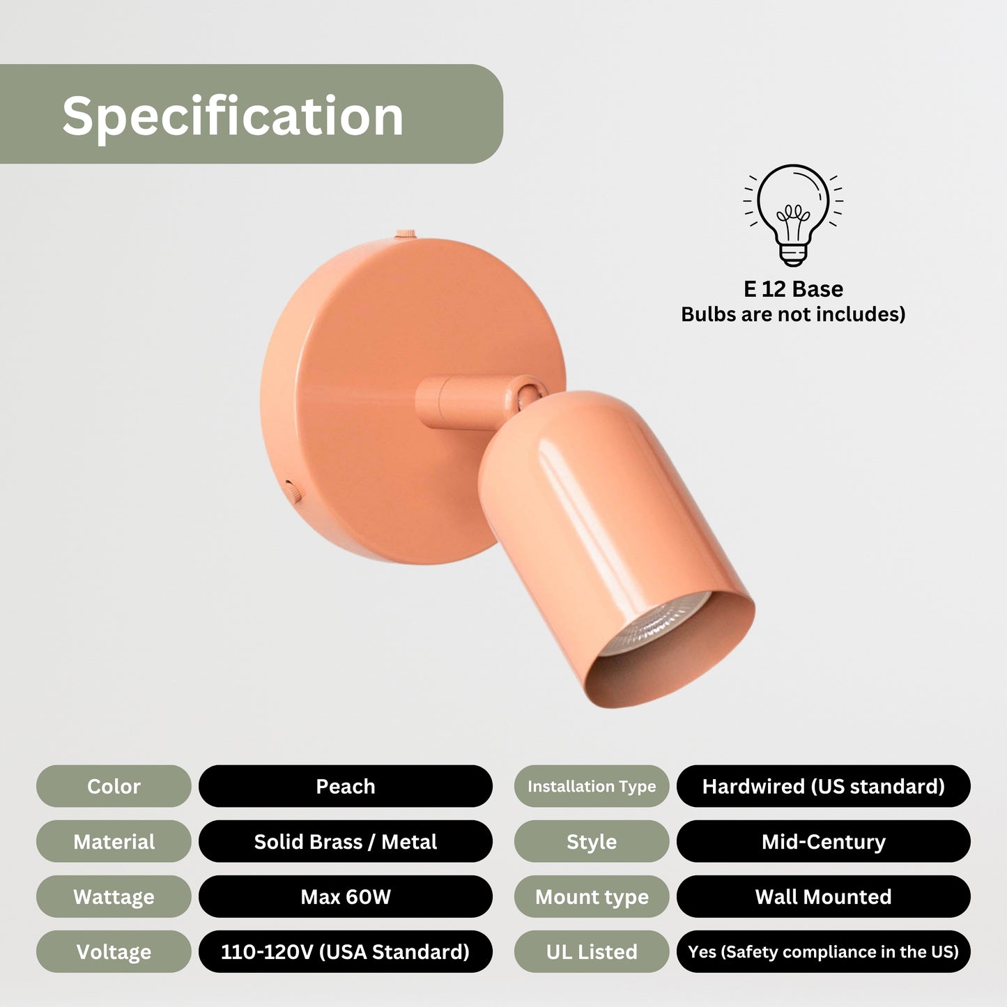 Peach Capsule Brass Wall Sconce – Mid Century Modern Vintage Wall Light Fixture