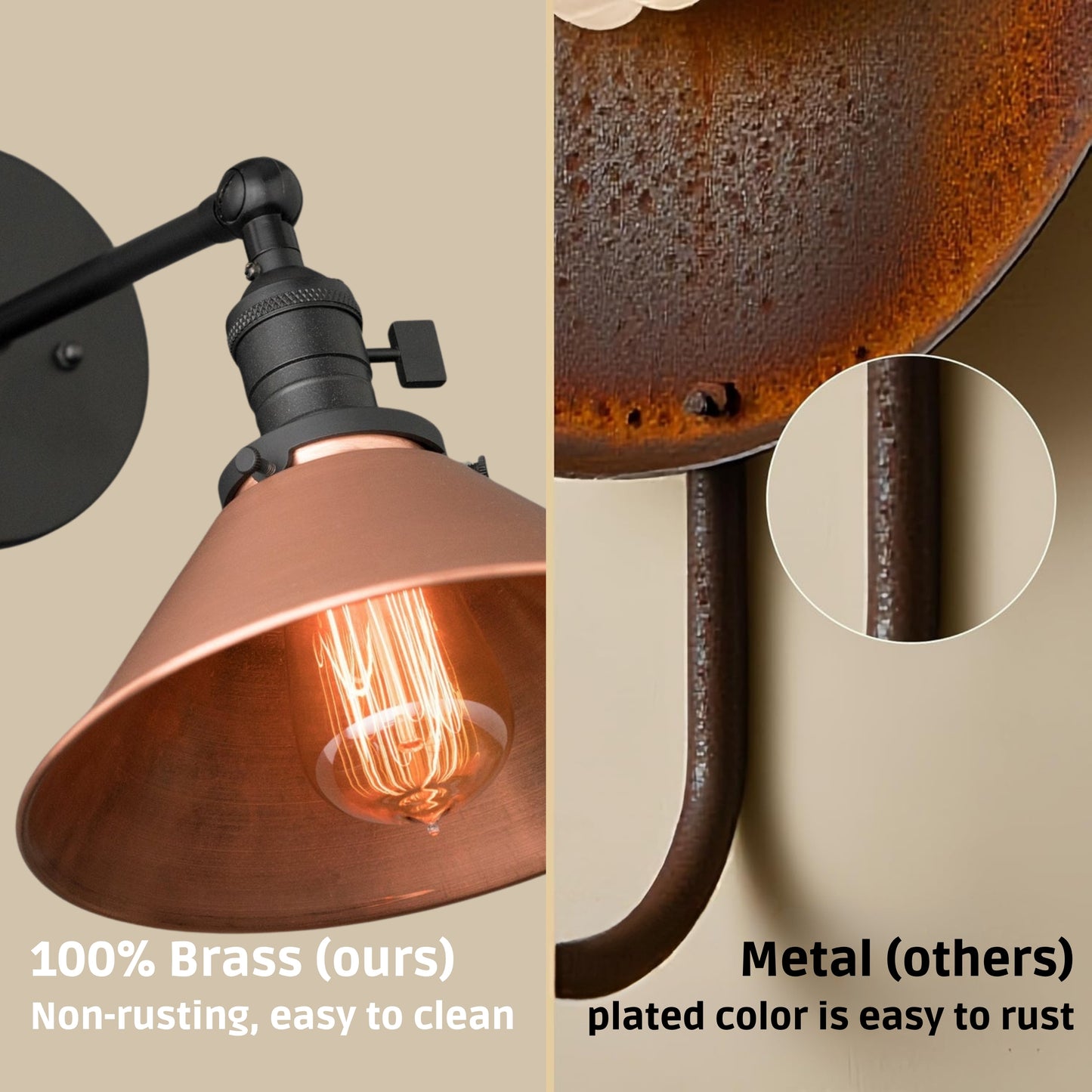 Handmade Brass Wall Sconce with Copper Shade – Adjustable Farmhouse Light Fixture