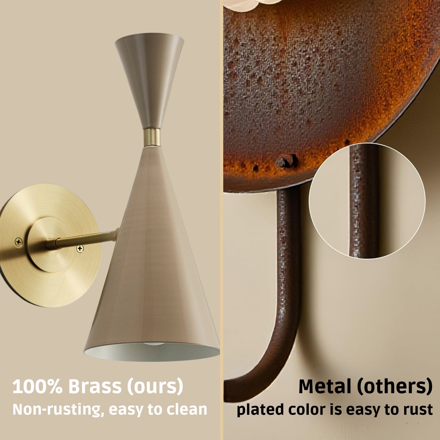 Mid Century Modern Brass Wall Sconce – Handmade Cone Shade Light Fixture