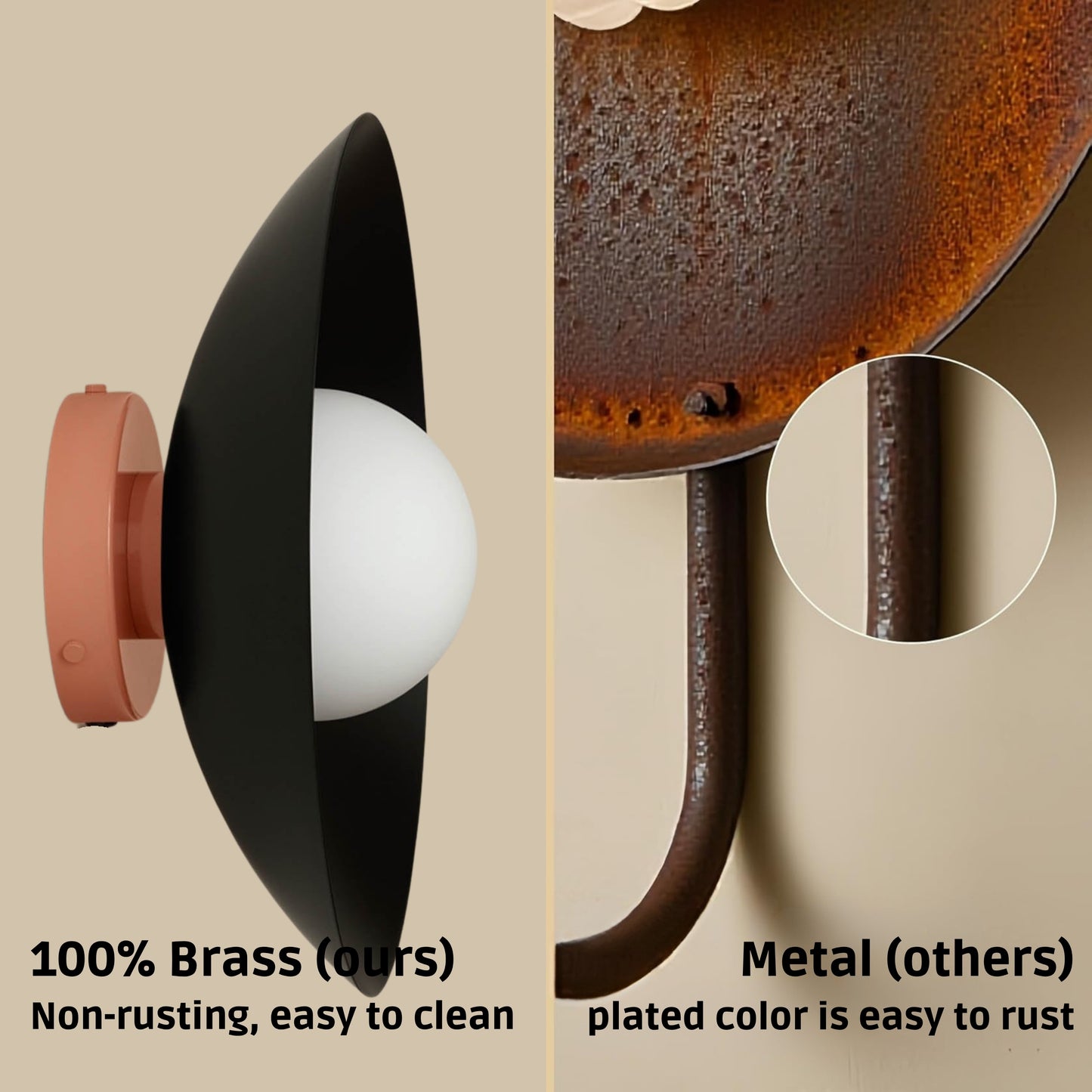 Black & Peach Dome Brass Wall Sconce – Mid-Century Modern Vintage Light