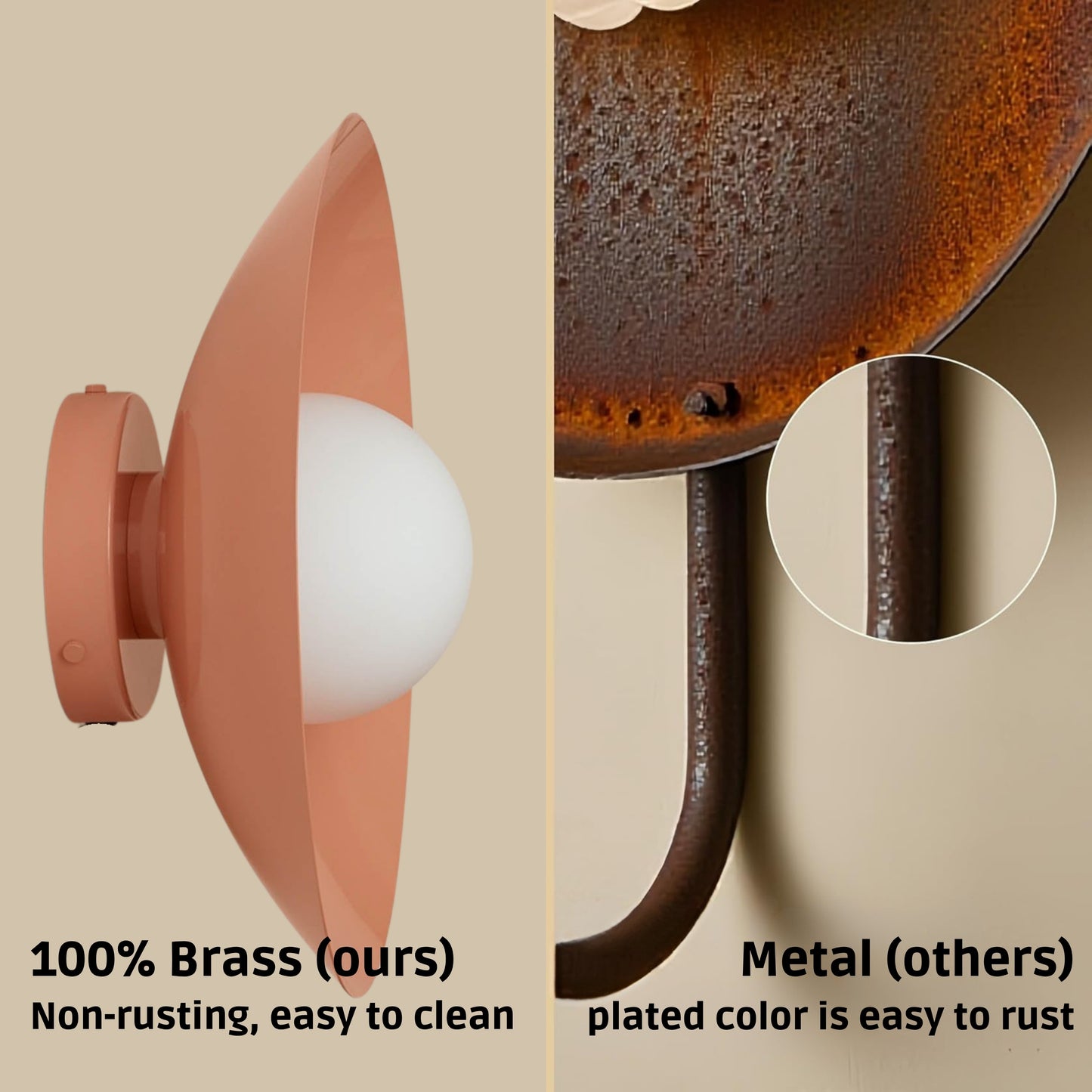 Peach Dome Brass Wall Sconce – Mid-Century Modern Vintage Light