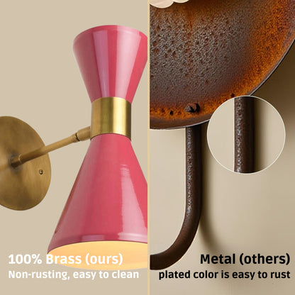Pink Double Cone Vintage Wall Light - Mid-Century Modern Brass Wall Sconce