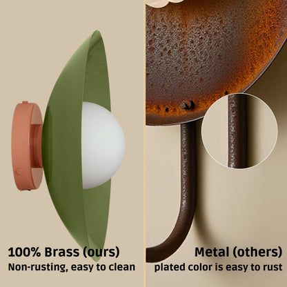 Olive Green & Peach Dome Brass Wall Sconce – Mid-Century Modern Vintage Light