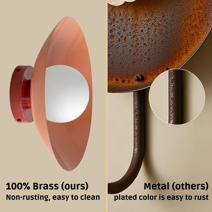 Peach & Red Dome Brass Wall Sconce – Mid-Century Modern Vintage Light
