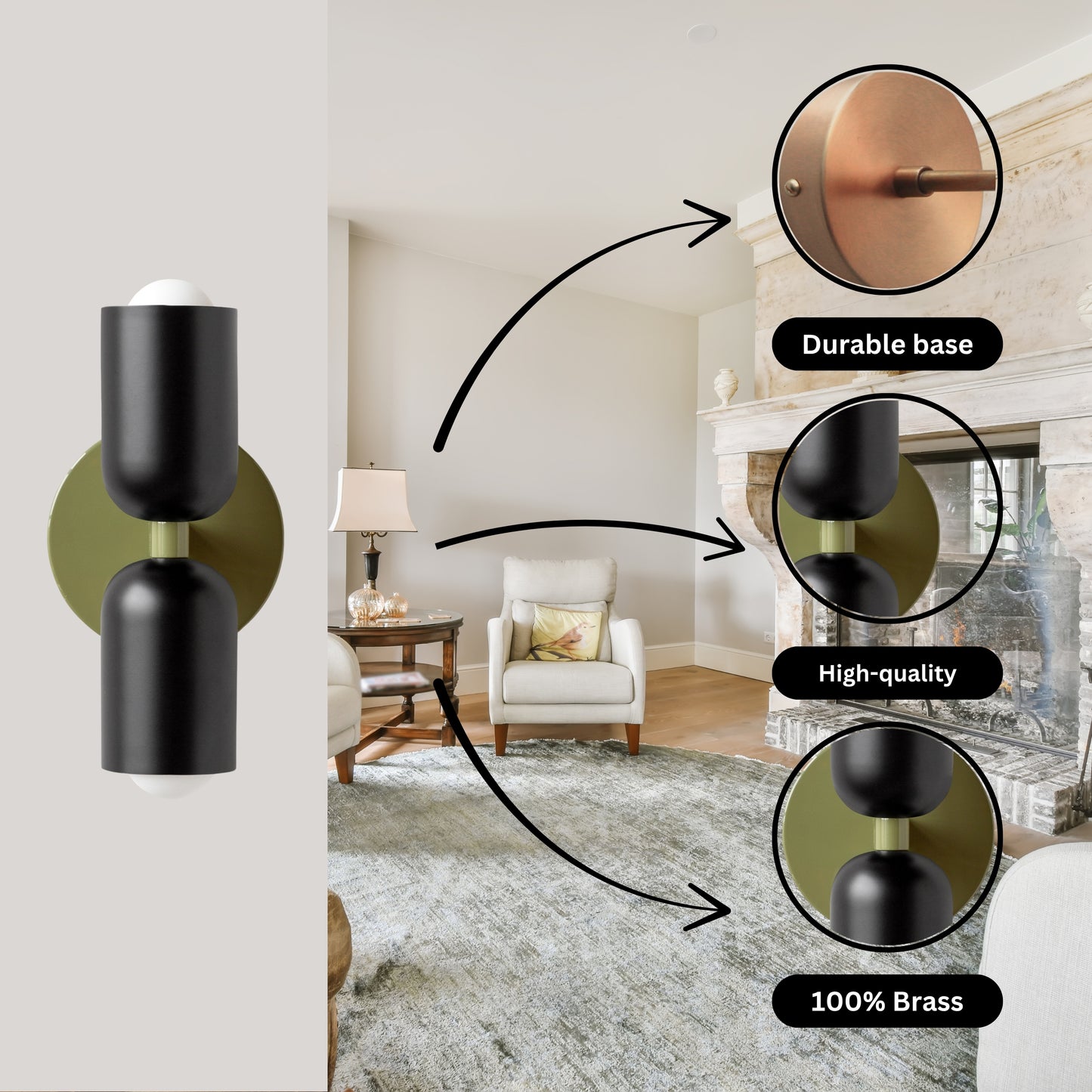 Black & Olive Green Up & Down Brass Wall Sconce – Mid-Century Modern Light Fixture