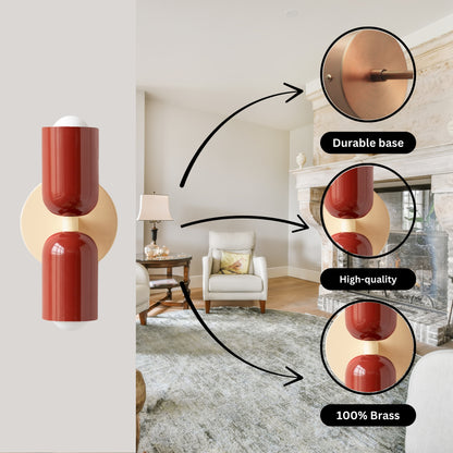Red & Cream Up & Down Brass Wall Sconce – Mid-Century Modern Light Fixture