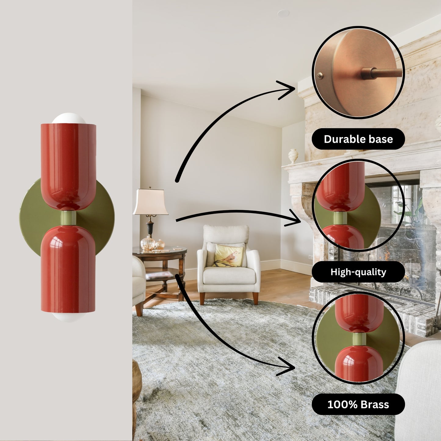 Red & Olive Green Up & Down Brass Wall Sconce – Mid-Century Modern Light Fixture