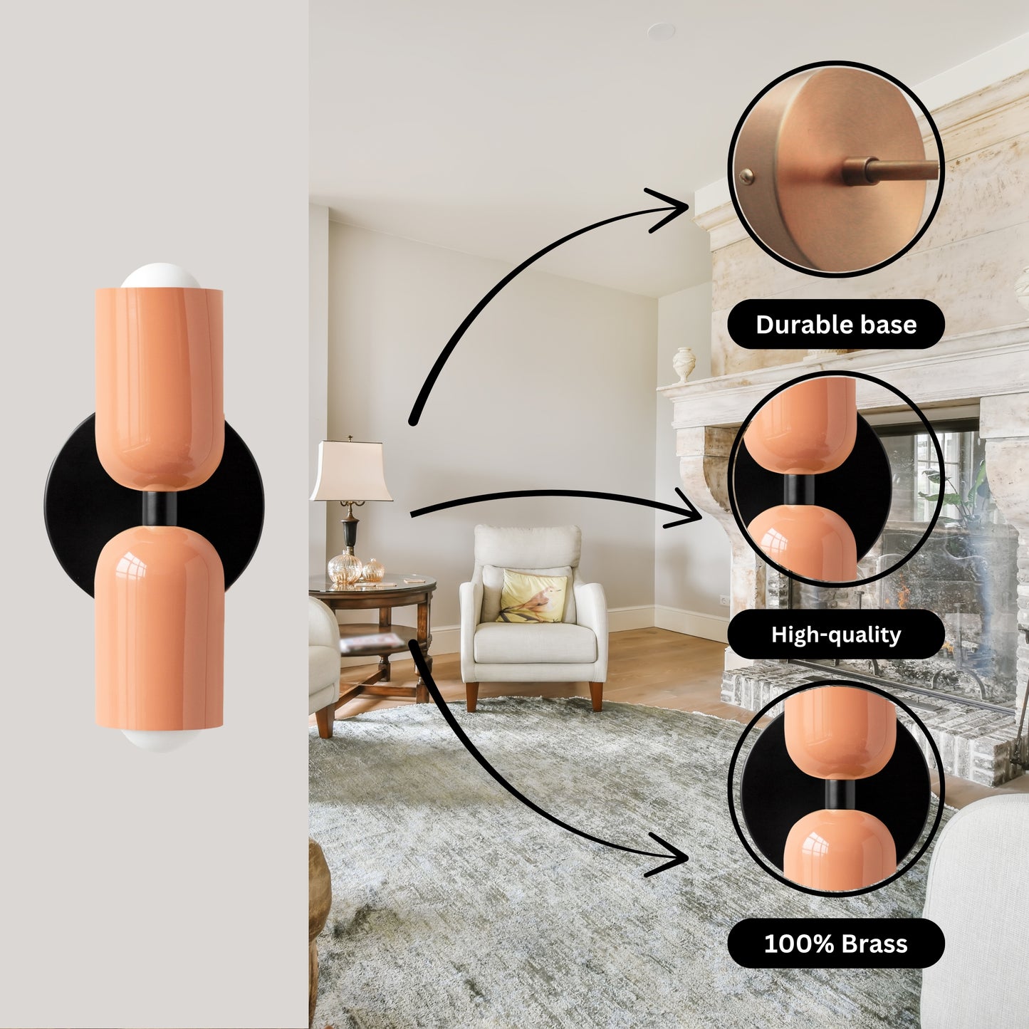 Peach & Black Up & Down Brass Wall Sconce – Mid-Century Modern Light Fixture