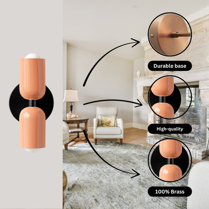 Peach & Black Up & Down Brass Wall Sconce – Mid-Century Modern Light Fixture