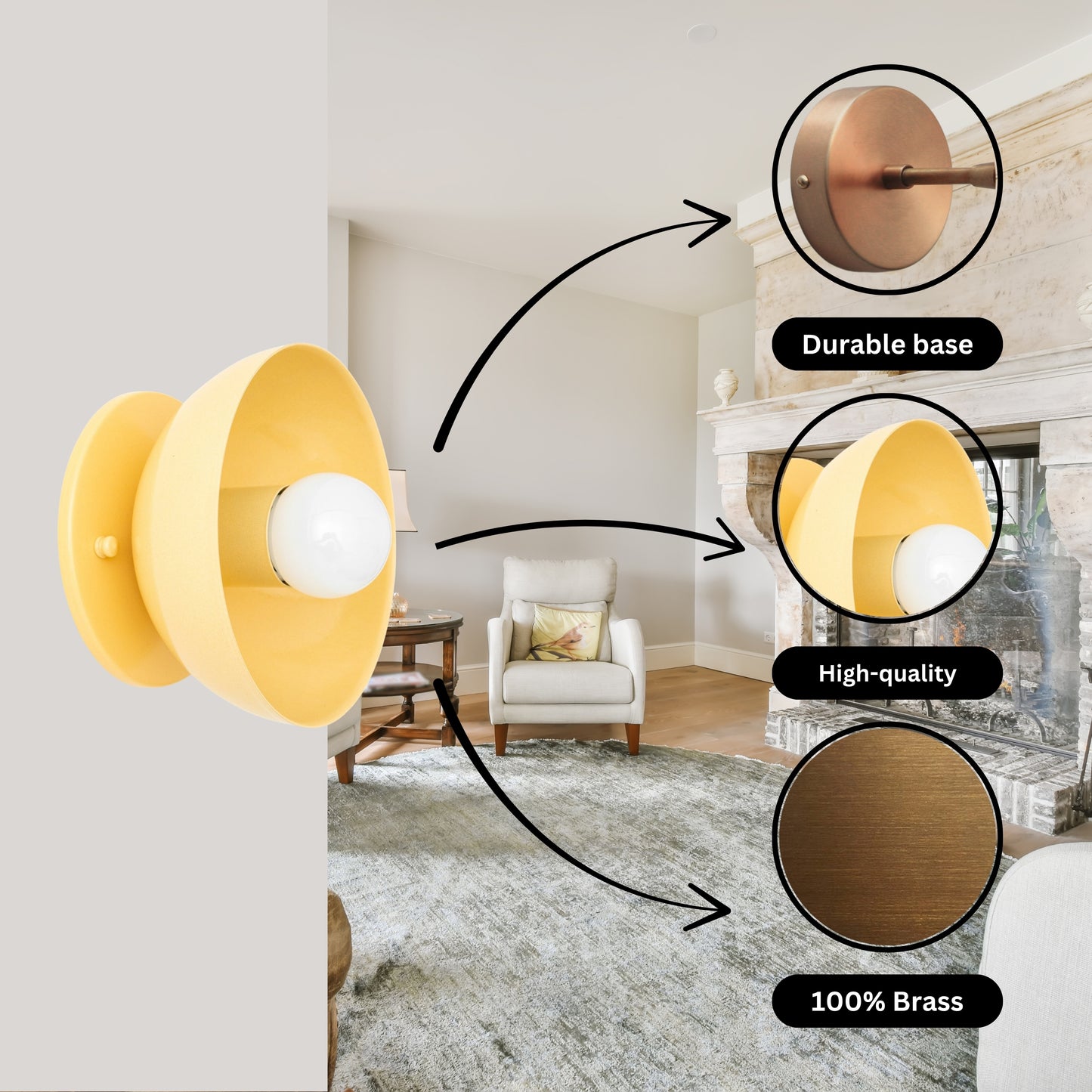 Yellow Brass Dome Wall Sconce – Modern Mid Century Wall Light Fixture