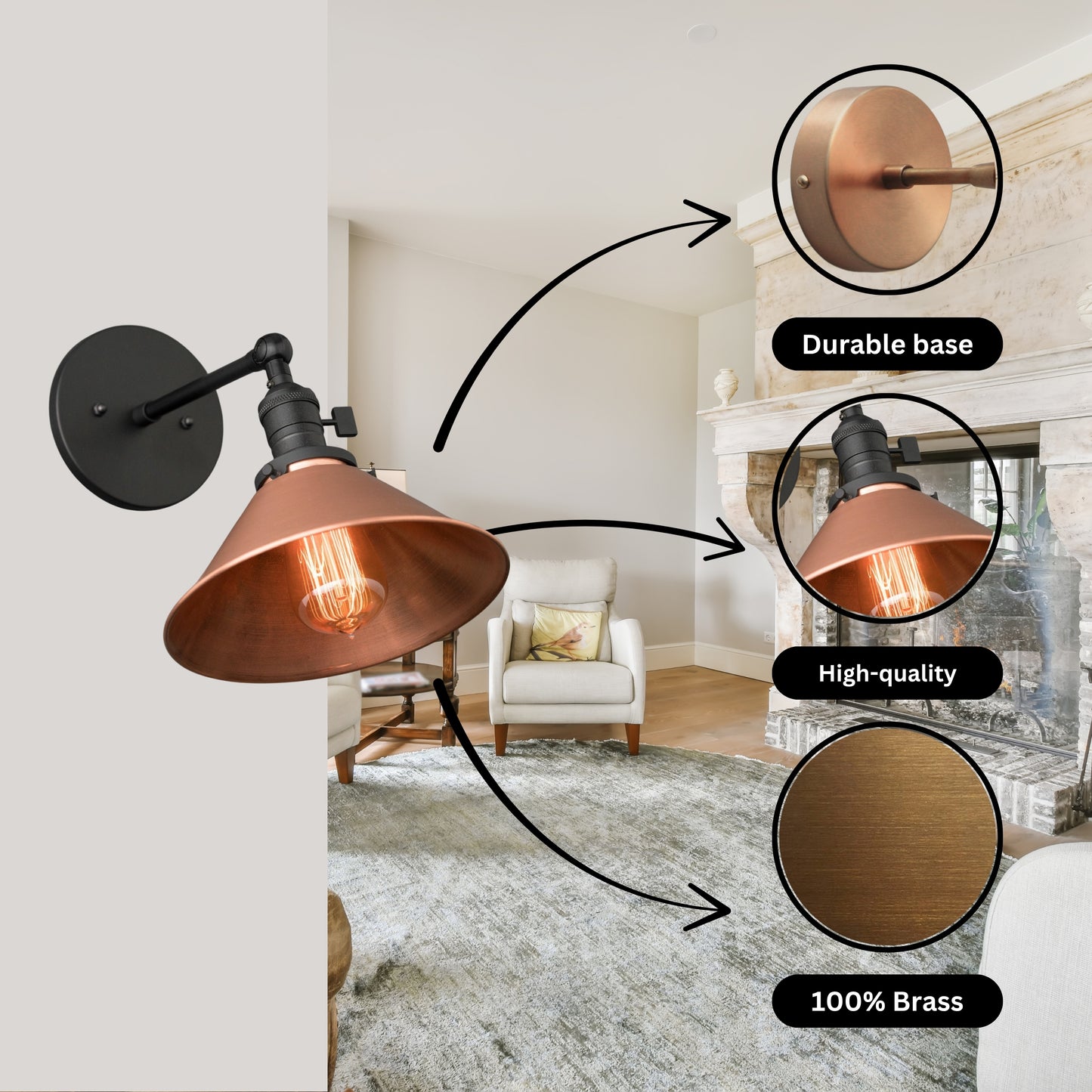 Handmade Brass Wall Sconce with Copper Shade – Adjustable Farmhouse Light Fixture