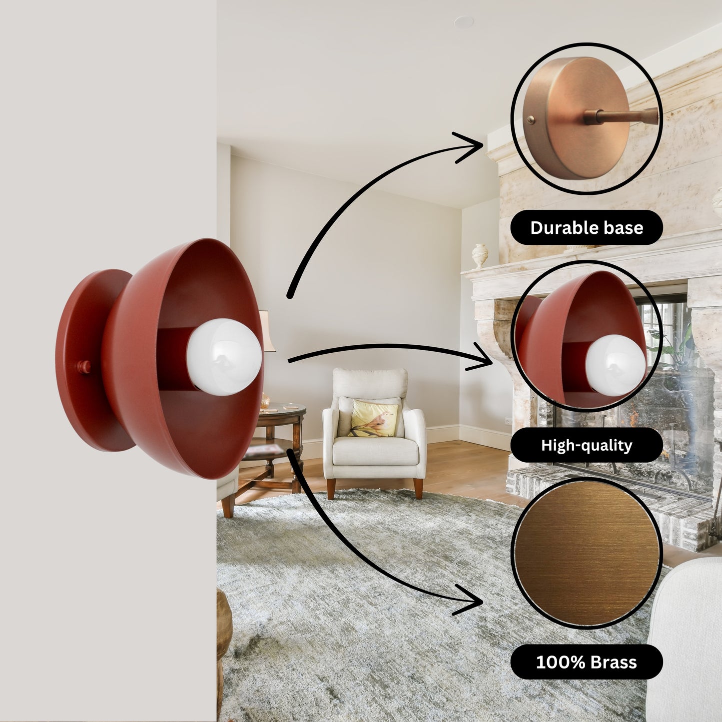Red Brass Dome Wall Sconce – Modern Mid Century Wall Light Fixture