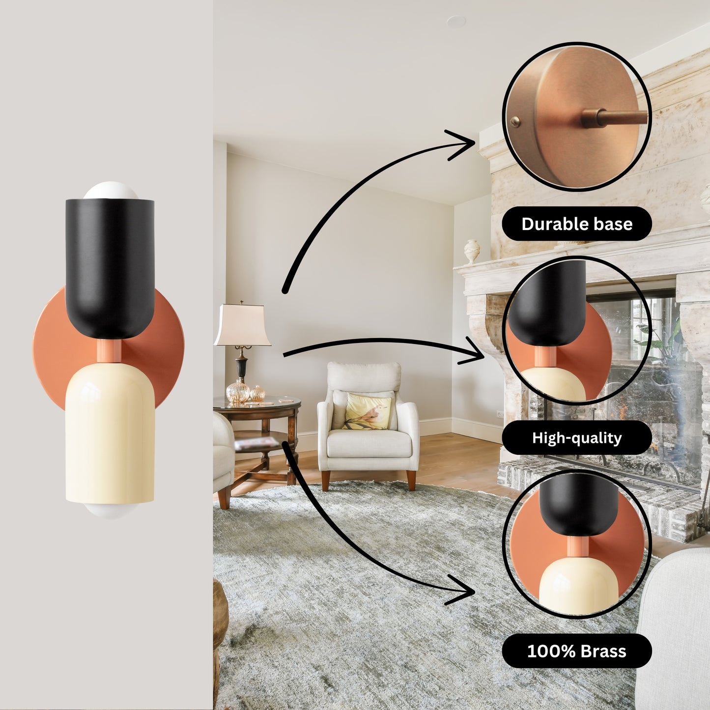 Black-White & Peach Up & Down Brass Wall Sconce – Mid-Century Modern Light Fixture