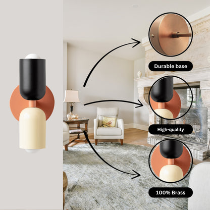 Black-White & Peach Up & Down Brass Wall Sconce – Mid-Century Modern Light Fixture