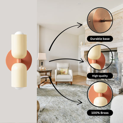 Cream & Peach Up & Down Brass Wall Sconce – Mid-Century Modern Light Fixture