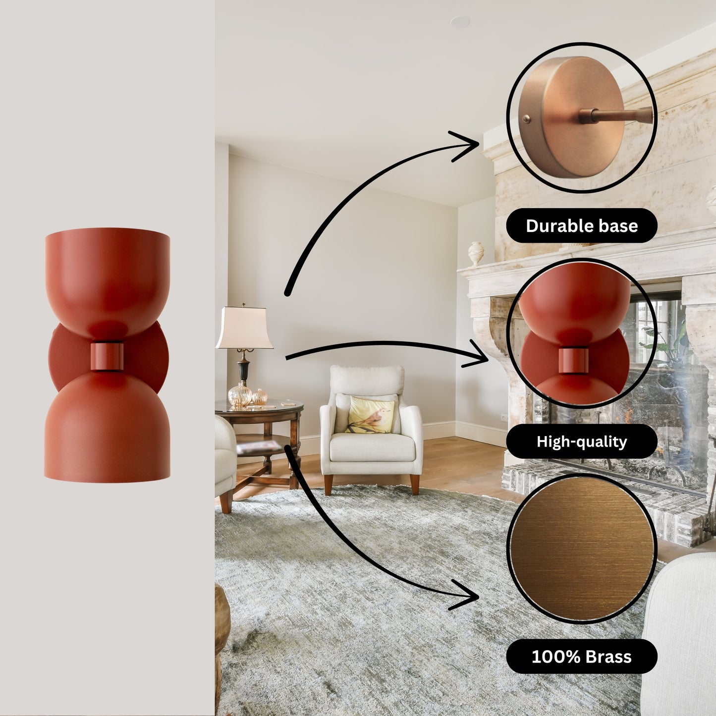 Mid Century Modern Red Brass Wall Sconce – Handmade Double Shade Light
