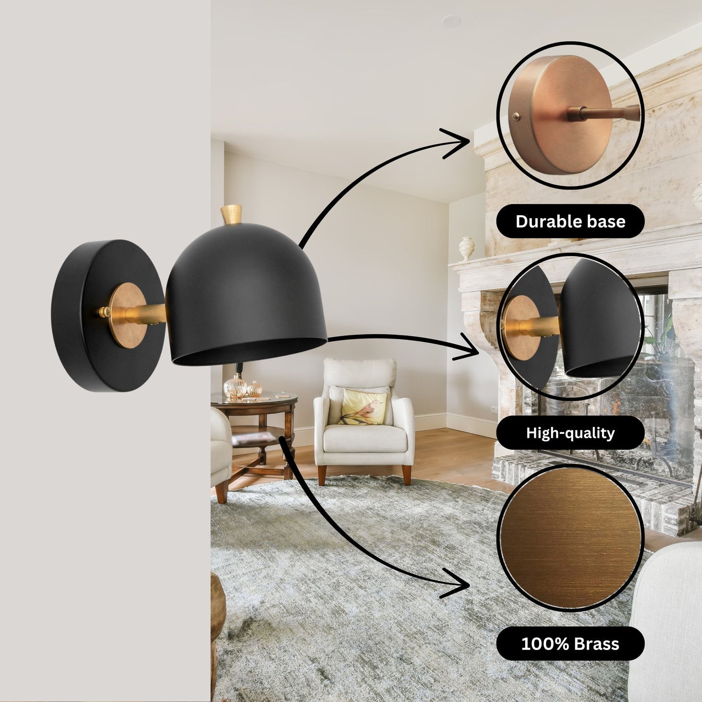 Modern Brass Wall Sconce – Mid Century Wall Light with Black Dome Shade