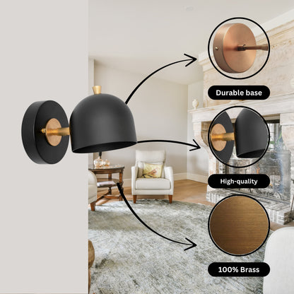 Modern Brass Wall Sconce – Mid Century Wall Light with Black Dome Shade