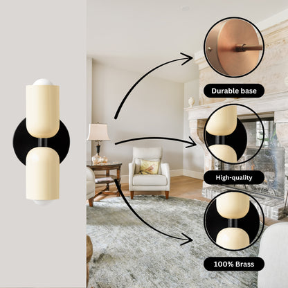 Cream & Black Up & Down Brass Wall Sconce – Mid-Century Modern Light Fixture