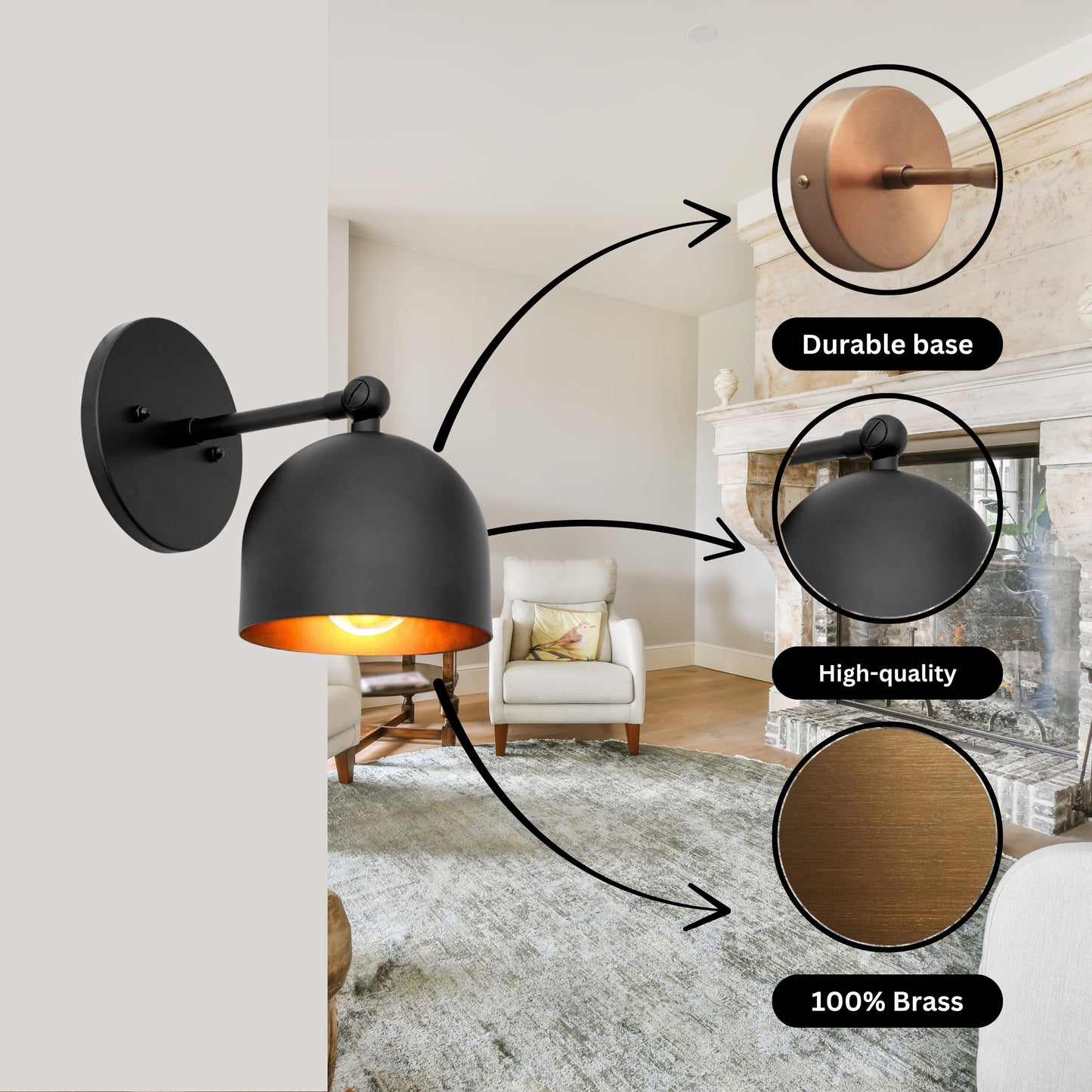 Mid Century Brass Wall Sconce – Handmade Black Dome Light Fixture