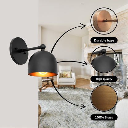 Mid Century Brass Wall Sconce – Handmade Black Dome Light Fixture