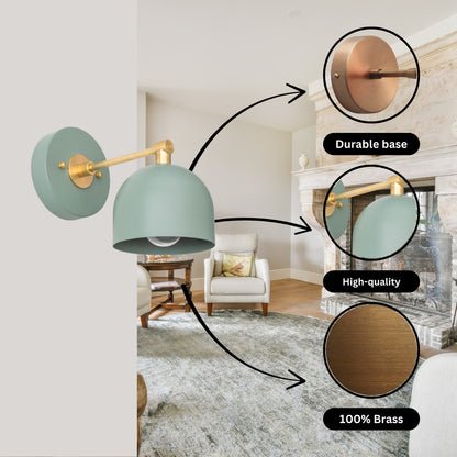 Modern Brass Wall Sconce – Mid Century Wall Light with Sea Green Dome Shade