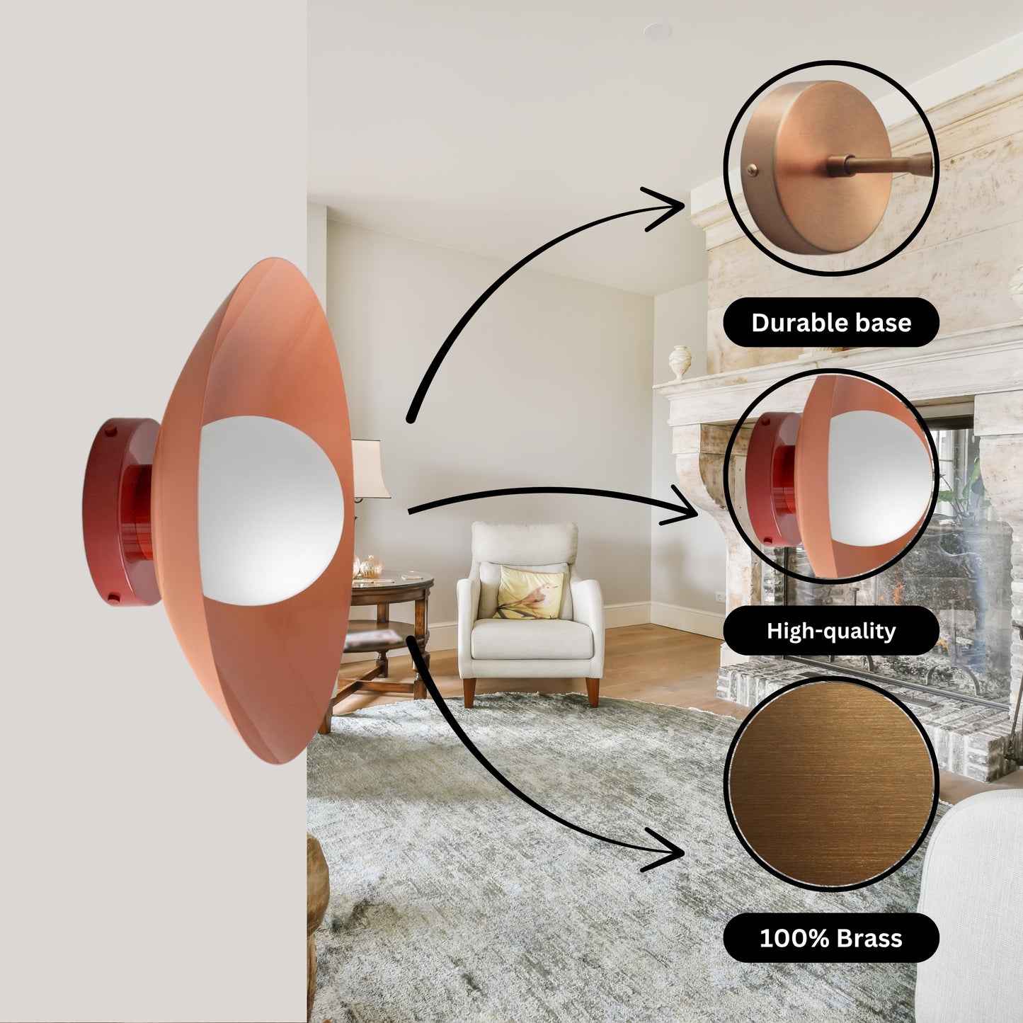 Peach & Red Dome Brass Wall Sconce – Mid-Century Modern Vintage Light