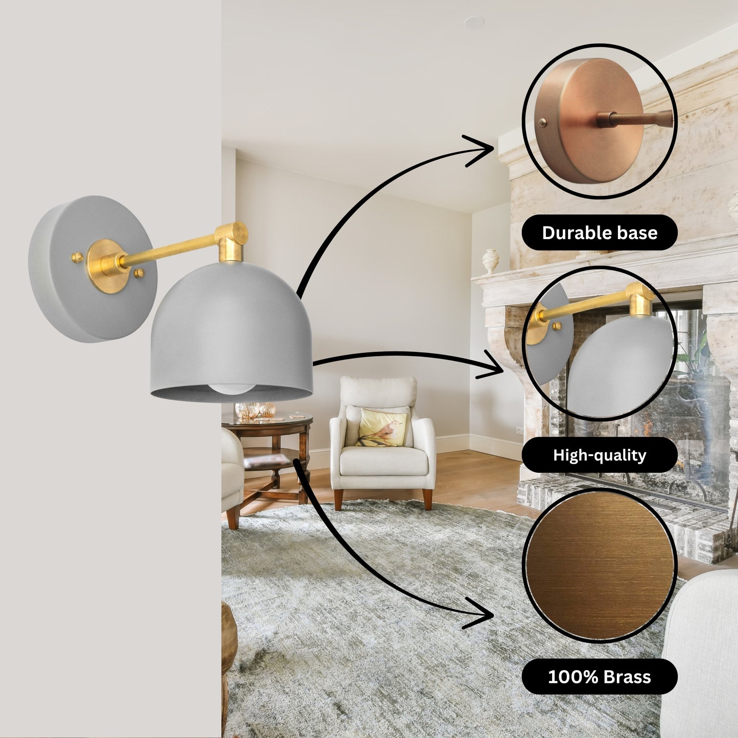 Modern Brass Wall Sconce – Mid Century Wall Light with Gray Dome Shade
