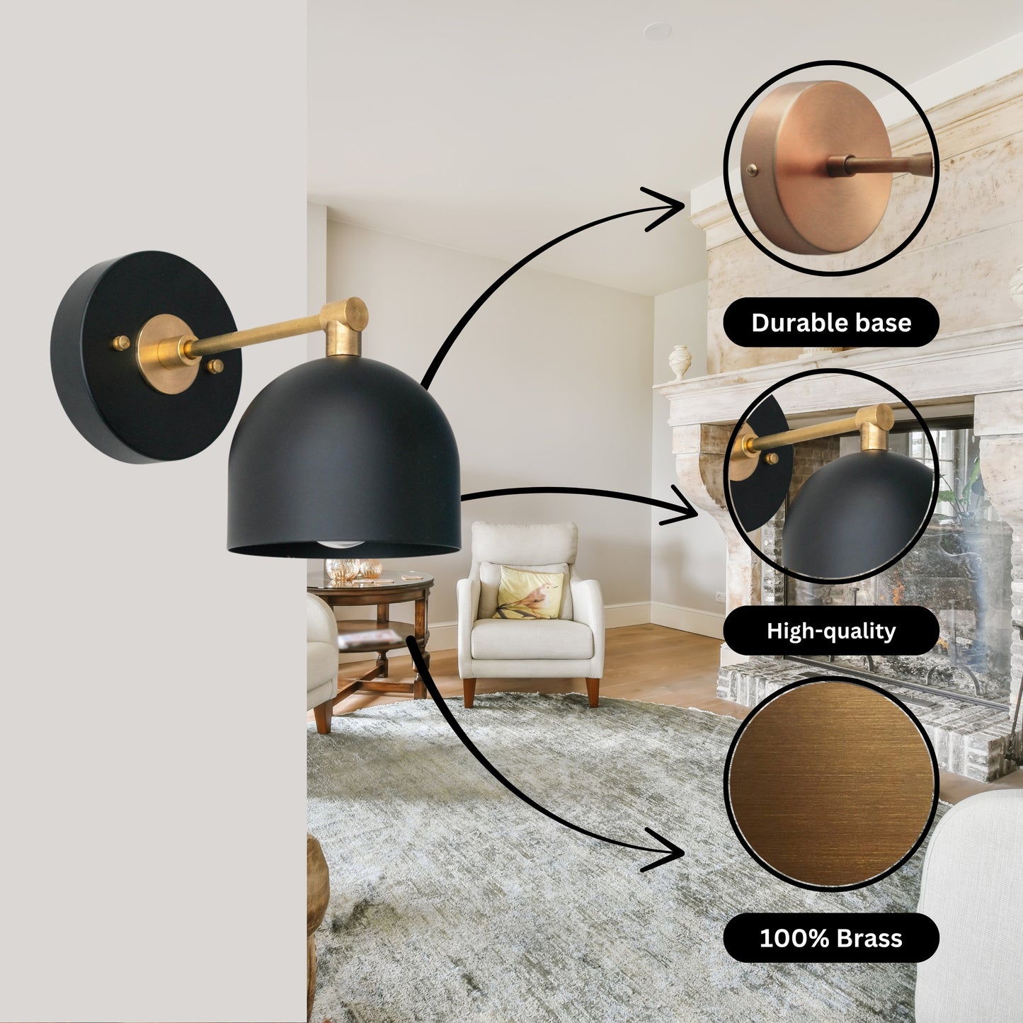 Modern Brass Wall Sconce – Mid Century Wall Light with Black Dome Shade