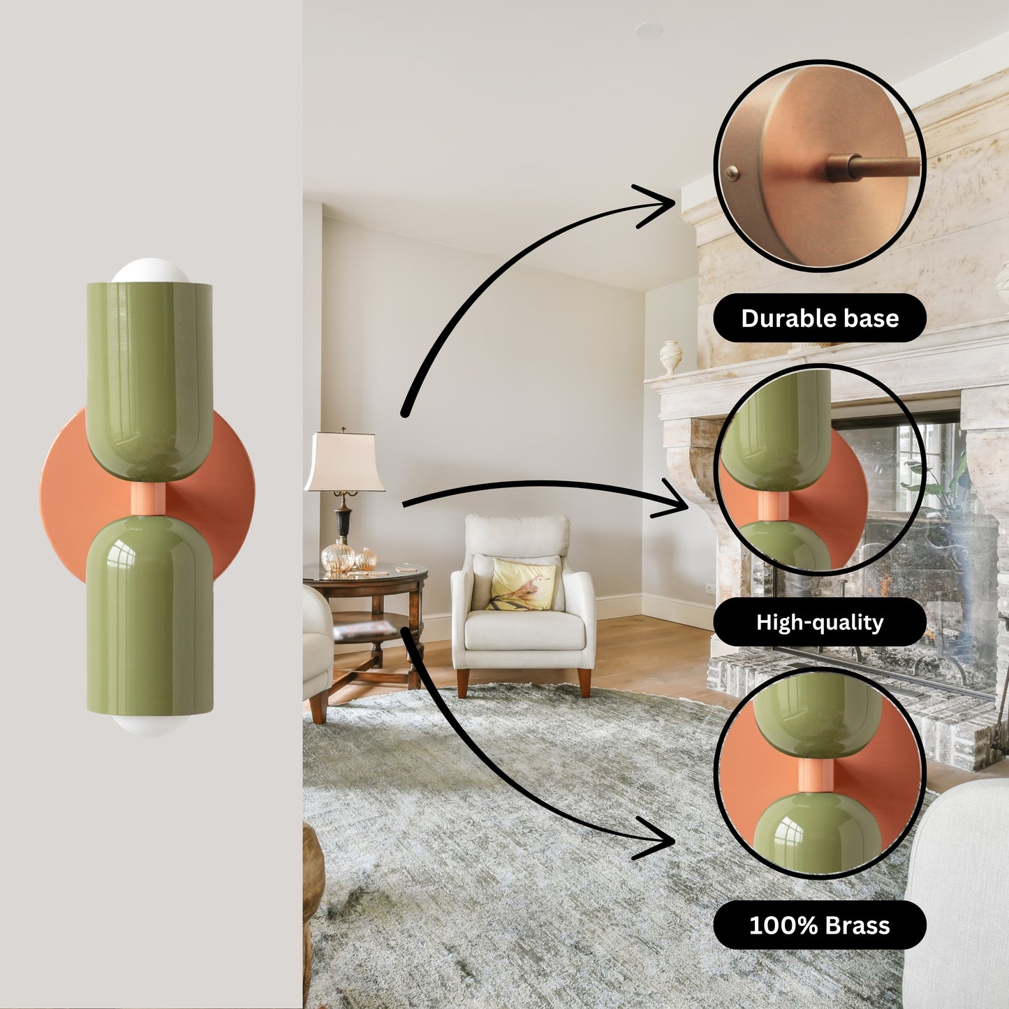 Green & Peach Up & Down Brass Wall Sconce – Mid-Century Modern Light Fixture