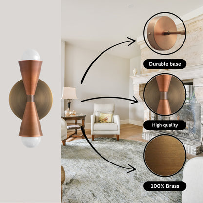 Mid Century Modern Brass Wall Sconce – Handmade Double Cone Light Fixture
