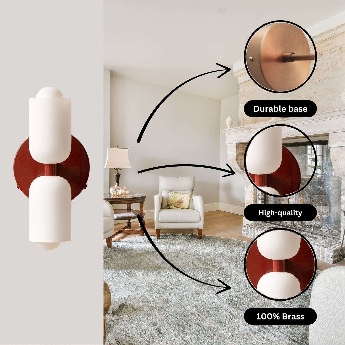 White & Red Up & Down Brass Wall Sconce – Mid-Century Modern Light Fixture