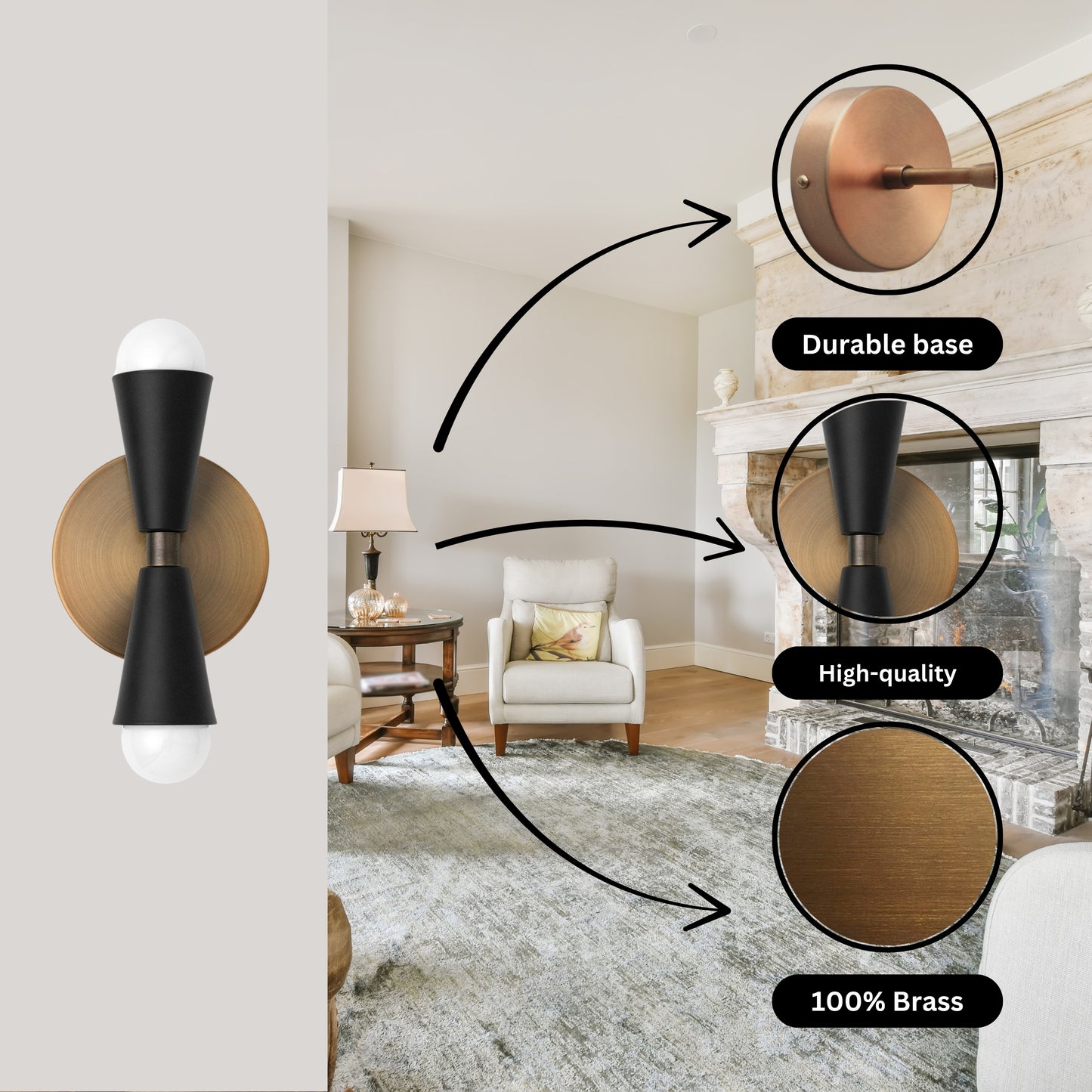 Mid Century Modern Brass Wall Sconce – Handmade Double Cone Light Fixture