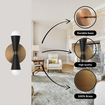 Mid Century Modern Brass Wall Sconce – Handmade Double Cone Light Fixture