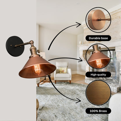 Handmade Brass Wall Sconce with Copper Shade – Adjustable Farmhouse Light Fixture