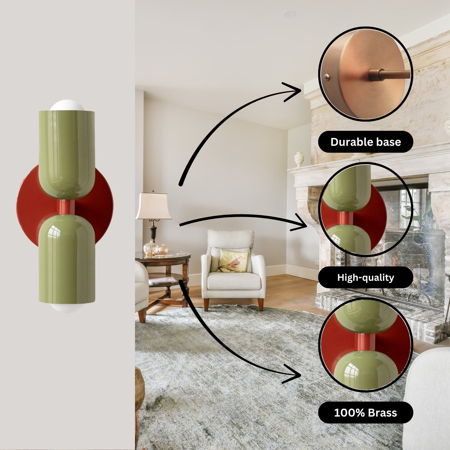 Olive Green & Red Up & Down Brass Wall Sconce – Mid-Century Modern Light Fixture
