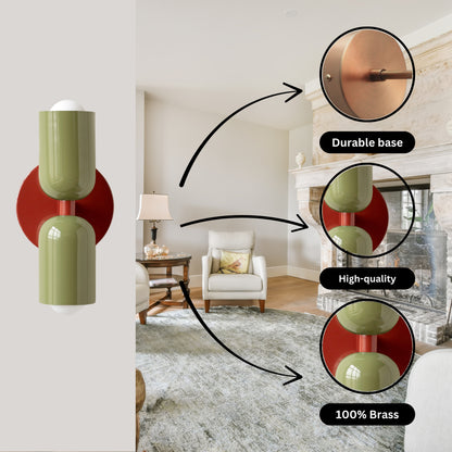 Olive Green & Red Up & Down Brass Wall Sconce – Mid-Century Modern Light Fixture