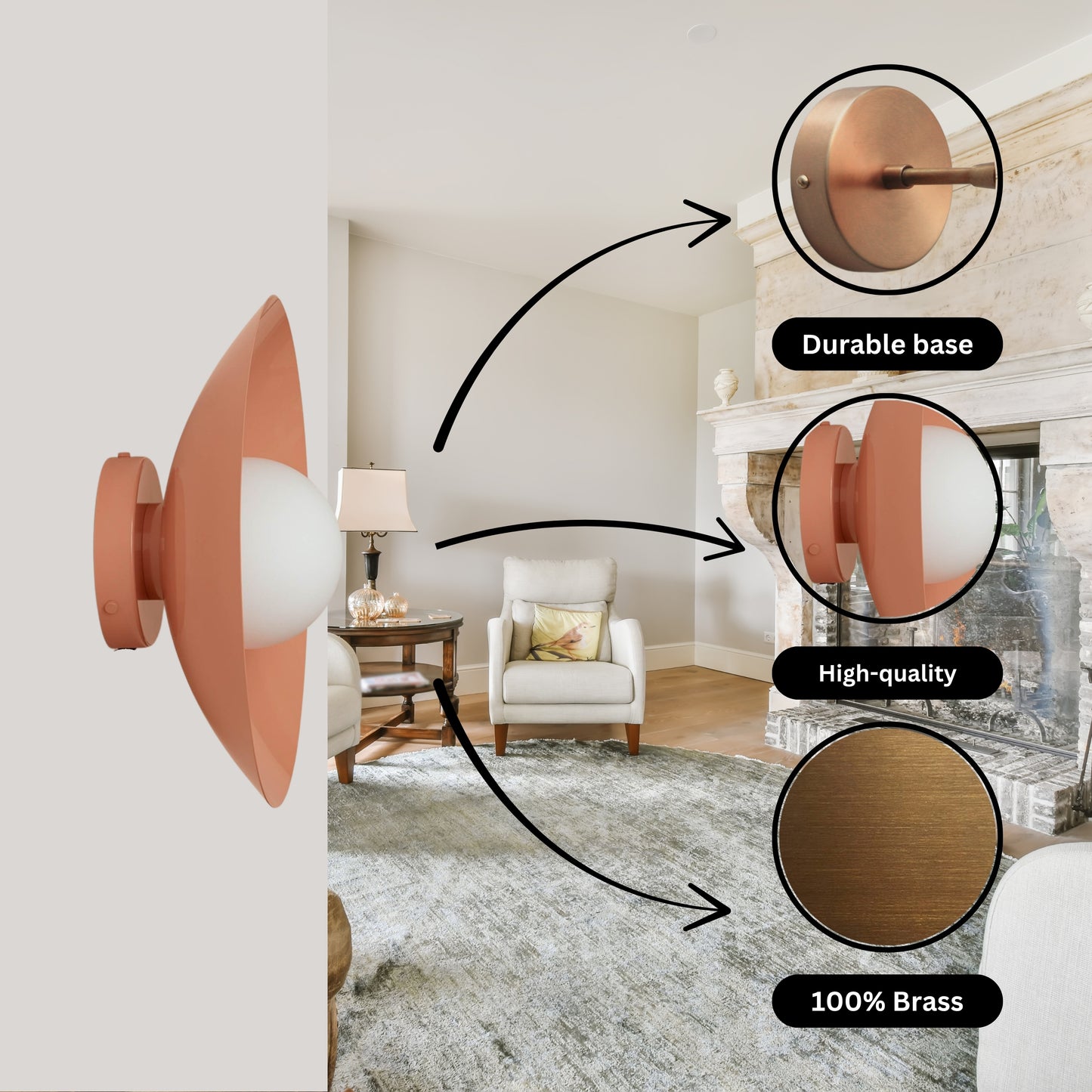 Peach Dome Brass Wall Sconce – Mid-Century Modern Vintage Light