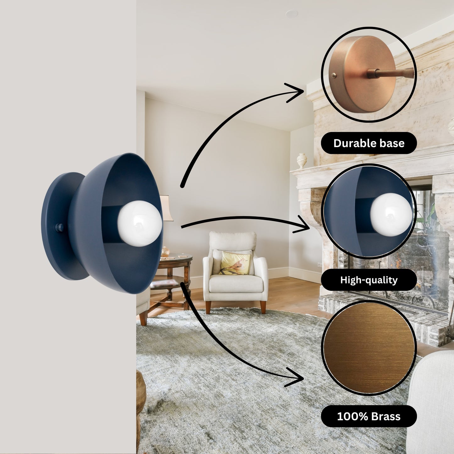 Blue Brass Dome Wall Sconce – Modern Mid Century Wall Light Fixture