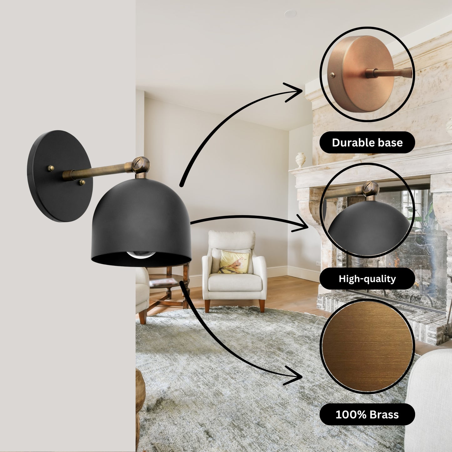 Mid Century Brass Wall Sconce – Handmade Black & Antique Dome Light Fixture